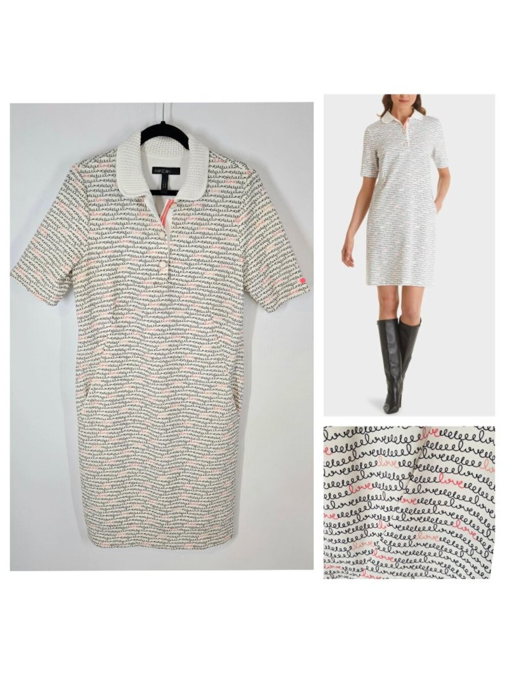 Marc Cain Polo Dress with Love Print Knit Collar Scuba Jersey Women's Size Large